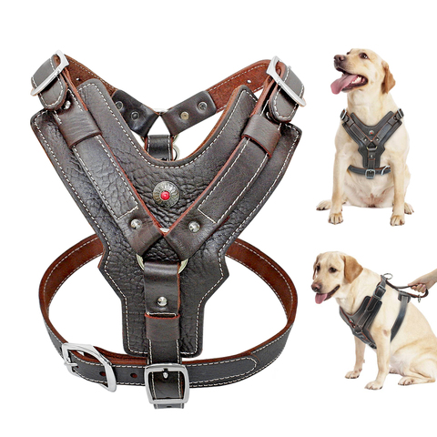 Durable Dog Harness Large Dogs Genuine Leather Harnesses Pet Training Vest With Quick Control Handle For Labrador Pitbull K9 ► Photo 1/6