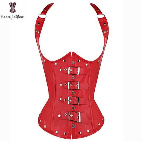 Faux Leather Steampunk Corset Sexy Women Everyday Outwear Front Buckle Closure Rivet Underbust Shoulder Strap Corselet Bustier ► Photo 1/6