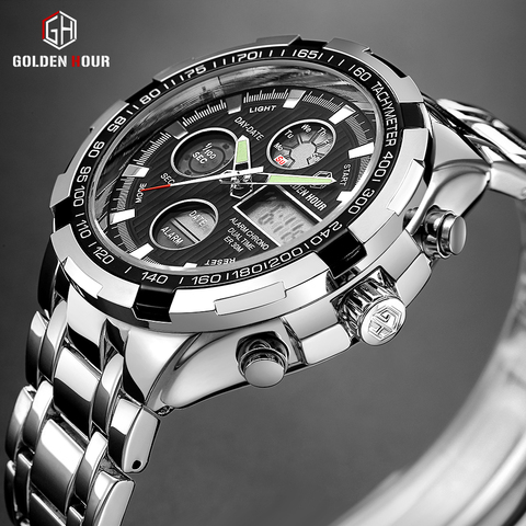 GOLDENHOUR Luxury Brand Waterproof Military Sport Watches Men Silver Steel Digital Quartz Analog Watch Clock Relogios Masculinos ► Photo 1/6