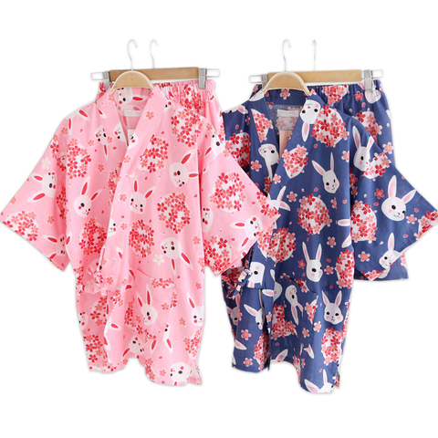 Kawaii sakura rabbit kimono robes women shorts pajamas sets Summer 100% cotton japanese yukata shorts bathrobes sleepwear ► Photo 1/6