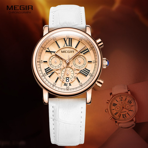 Megir Woman's Chronograph Quartz Watch with 24 Hours and Calendar Display White Leather Strap Wrist Stopwatches for Ladies 2058L ► Photo 1/6