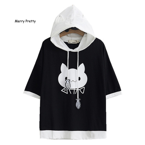 Merry Pretty t shirt women harajuku Japan Style Cute Cartoon Cat Patch Hooded Cotton Tee Top Short Sleeve Casual Black T shirt ► Photo 1/1