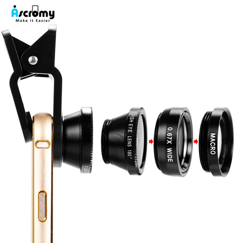 Ascromy 3in1 Wide Angle Macro Phone Camera lentes Fisheye Smartphone Lens Kits For iPhone 7 XR Fish Eye Lentes lens on the phone ► Photo 1/6