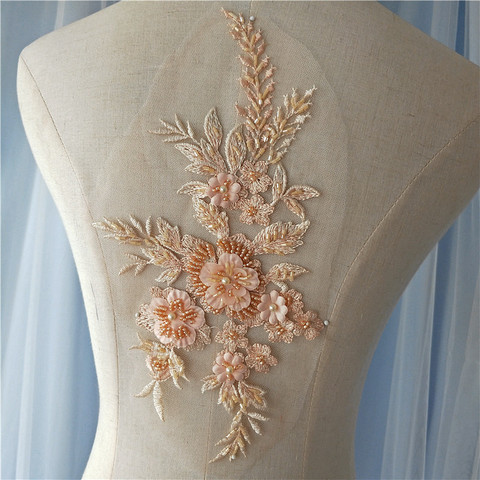 1 Piece 28*16.5cm Elegant 3D Flower Embroiderey Pearl Beaded Lace Applique Lace Trim Dress Fabrics Material Colors ► Photo 1/6