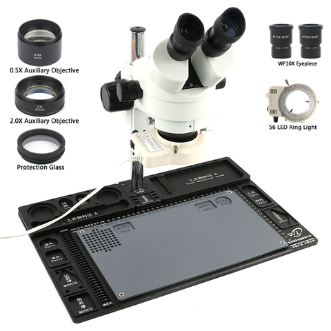 Stereo Microscope Stereo Microscope 3.5X - 90X Continuous Zoom Magnification + Big Aluminum Stand + 56  LED Ring Light + Lens ► Photo 1/2