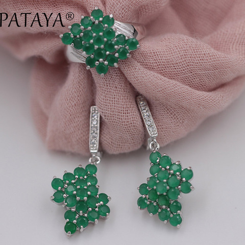 PATAYA Green Round Natural Zirconia Long Earrings Ring Sets Women Multicolor Wedding True White Gold Luxury Bride Jewelry Set ► Photo 1/1