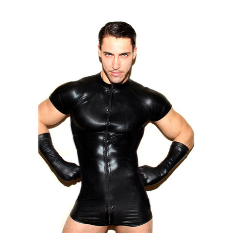 Men's Sexy Latex Catsuit Black Wetlook Full Body Suits Front