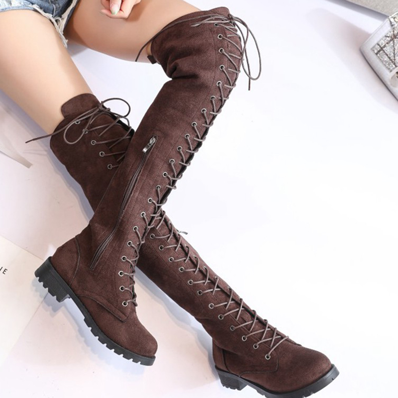 Winter Women Warm Over the Knee Thigh High Lace Up Long Boots Flat Heels Shoes