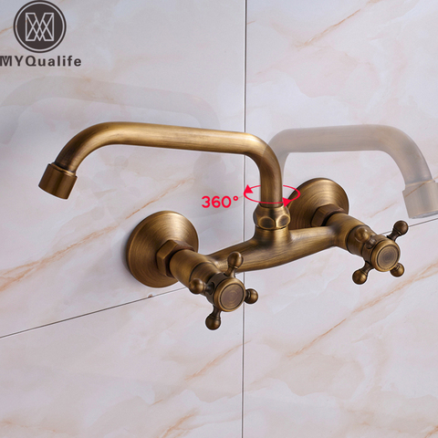 Wall Mounted Bathroom Kitchen Faucet Dual Handle Brass Antique Hot and Cold Water Tap 360 Swivel Long Spout Kitchen Mixer Tap ► Photo 1/6