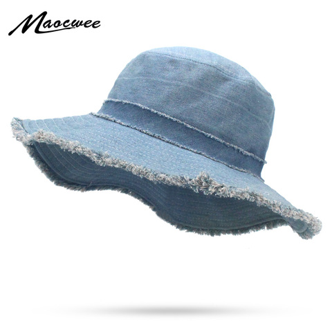 Womens Denim Bucket Hat Male Korean Style Casual Cowboy Fishing Caps Fashionable Spring Summer Cool Jeans Tassel Sun Hats ► Photo 1/6