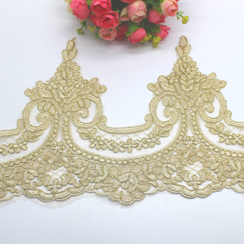 Gold Embroidered Lace Appliqued 5 Yds Champagne Gold Lace Trims Light Tulle Lace Fabric Scalloped Bridal Sashes 23-31CM ► Photo 1/6