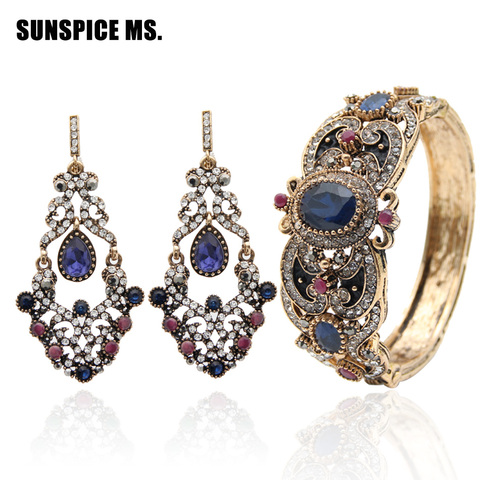 Promotion Indian Women Hollow Flower Jewelry Sets Round Resin Bangle Long Antique Hook Dangle Earrings Ethnic Bracelet Cuff ► Photo 1/5