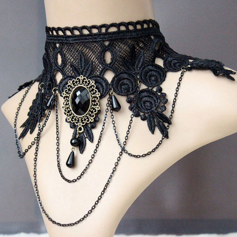 Gothic Black Lace Choker Necklace With Crystal Tassel For Women
