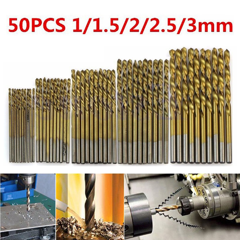 50Pcs Titanium Coated HSS High Speed Steel Drill Bit Set Tool 1/1.5/2/2.5/3mm 