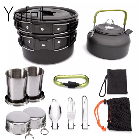 1 Set Outdoor Pots Pans Camping Cookware Picnic Cooking Set Non-stick Tableware  With Foldable Spoon Fork Knife Kettle Cup ► Photo 1/6