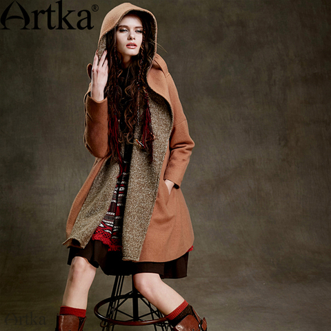 ARTKA Women's Autumn&Winter New Knitted Patchwork Woolen Coat Vintage Hooded Batwring Sleeve Single Botton Coat FA15155D ► Photo 1/1