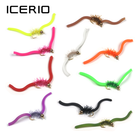 ICERIO 10PCS Brass Bead Head Squirmy Wormy Fly Trout Fly Fishing Lures Nymph San Juan Worm ► Photo 1/2