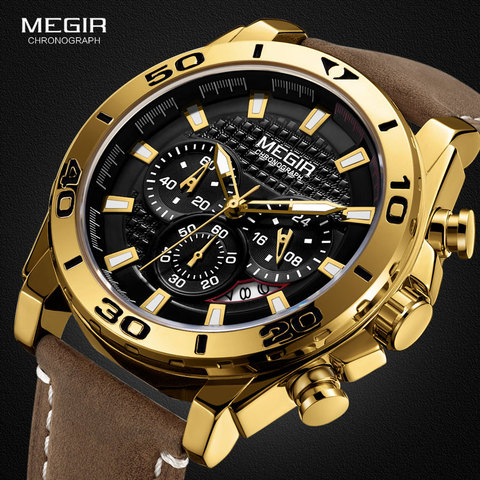 MEGIR Men's Leather Strap Quartz Watches Waterproof Luminous Army Sports Chronograph Wristwatch Man Relogios Clock 2094 Gold ► Photo 1/6