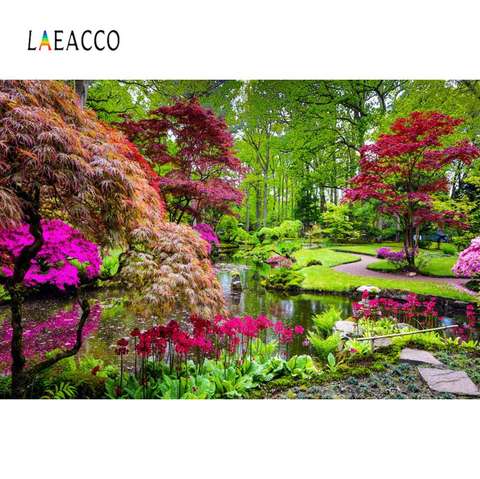 Laeacco Natural Backdrops Green Tree Flowers Lake Park Garden Way Beautiful View Photographic Background Photocall Photo Studio ► Photo 1/6