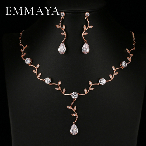 EMMAYA Rose Gold Color Zircon Crystal Bridal Jewelry Sets Leaf Shape Choker Necklace Earrings Wedding Jewelry for Women ► Photo 1/6