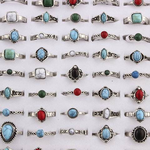 Mixed Bohemia Style Natural Blue Red Stone Rings Tibetan Silver Tone Size 16 17 18 Finger Rings Jewelry For Woman 10pcs ► Photo 1/6