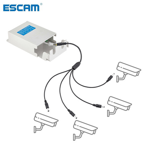 ESCAM AC DC 12V 3A Outdoor Power Supply With 4 Way Power Splitter Cable 1 Male To 4 Dual Female Cord 2.1mm For IP Camera Outdoor ► Photo 1/6