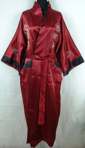 Burgundy Black Reversible Chinese Women's Satin Silk Two-face Robe Embroidery Kimono Bath Gown Dragon One Size S3003& ► Photo 1/5