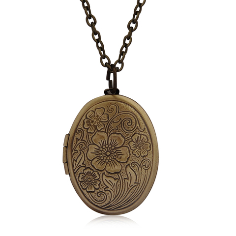 Oval Carved Flower Stripe Locket Pendant Necklace Women Vintage Ancient Brass Opening Photo Box Jewelry ► Photo 1/6
