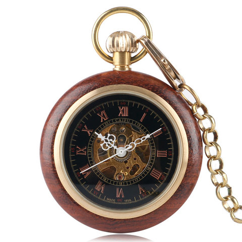 Wood Pocket Watch Carving Exquisite Fashion Hand Winding Fob Retro Vintage Mechanical Steampunk Classic Gift Trendy Pendant Men ► Photo 1/6