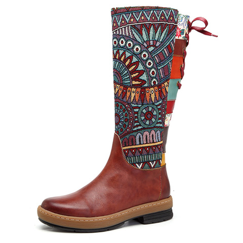 Vintage Mid-calf Boots Women Shoes Bohemian Retro Genuine Leather Motorcycle Boots Printed Side Zipper Back Lace Up Botas ► Photo 1/5