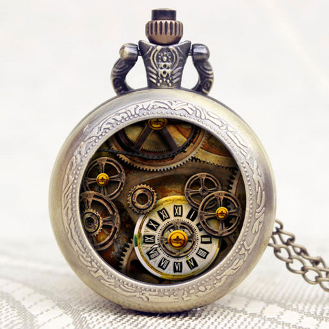 Top Gifts Steampunk Wheel Gear Pendant Pocket Watch Hour Clock Vintage Quartz Analog Round Dial Men Women Necklace Chain Watches ► Photo 1/6