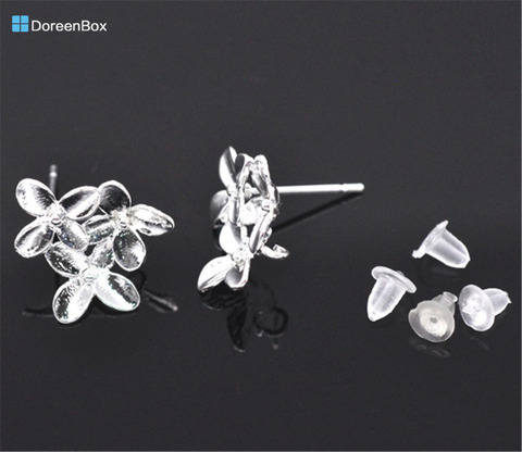 Doreen Box hot-  5 Pairs SP Flower Earring Post W/Stoppers&Loop 15x14mm (B11411) ► Photo 1/1