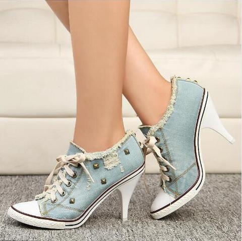 Brand C boots Women sexy Thin High Heel Lace-Up Rivets Jeans Denim Shoes Fashion Casual Canvas Shoes female Pumps ► Photo 1/1