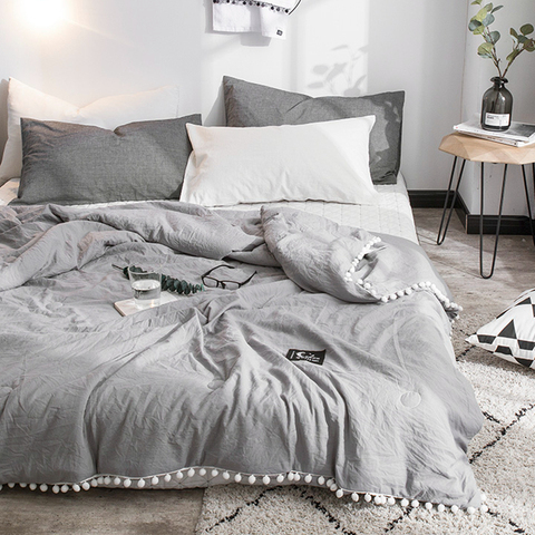 Summer Gray Air Condition Quilts duvet with little white Pompons bed linens Washed cotton throw blankets Solid bedding #s ► Photo 1/6