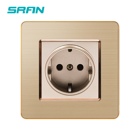 SRAN EU power socket 16A 250V stainless steel brushed panel Metal plating edge 86mm*86mm Gold wall socket ► Photo 1/6