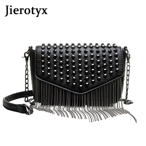 JIEROTYX Fashion Tassel Diamonds Brand Design Mini Chain Shoulder Bag Crossbody Black Leather Rivets Female Bolsa Sac A Main ► Photo 1/6