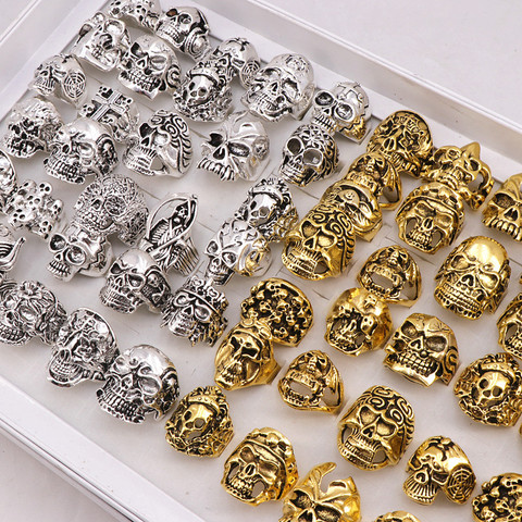 Wholesale 20pcs/lot Mens Mix Punk Style Biker Gothic Skull Metal Jewelry Rings Size 18mm to 21mm(Golden Silver ) ► Photo 1/5