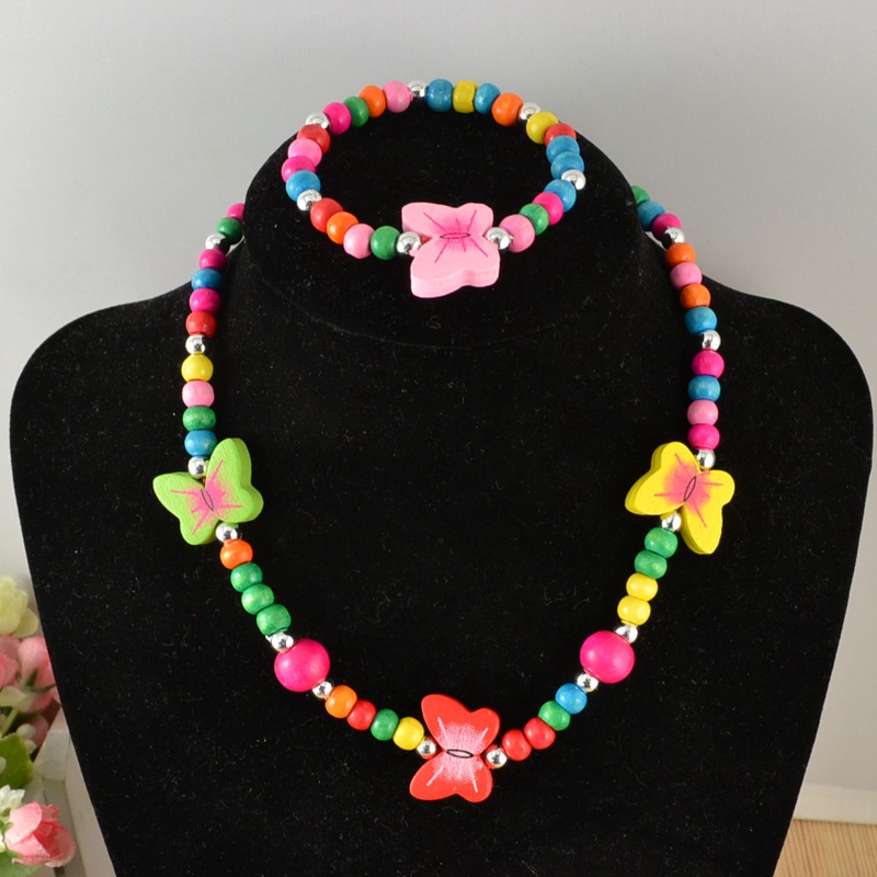 Girls Jewelry Sets Cute Animal Butterfly Wood Beads Necklace Bracelet Set For Kids Children Girls Birthday Party Gift