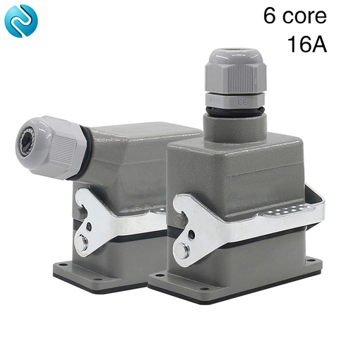 Rectangular heavy duty connector HE-06 core industrial waterproof aviation plug socket 16A top line and side outlet line ► Photo 1/6
