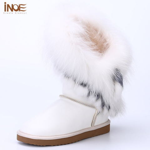 INOE cow leather & sheep fur lined white fox fur tassels fashion women winter snow boots for women winter shoes waterproof white ► Photo 1/6