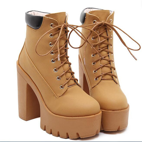 Fashion Spring Autumn Platform Ankle Boots Women Lace Up Thick Heel Platform Boots Ladies Worker Boots Black Big Size 42 ► Photo 1/6