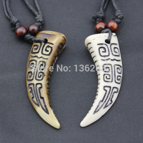 Cool boy men's imitation Yak Bone Carved Pendant Wolf Tooth Necklace Amulet Tooth Adjustable Rope Gift MN164 ► Photo 1/5