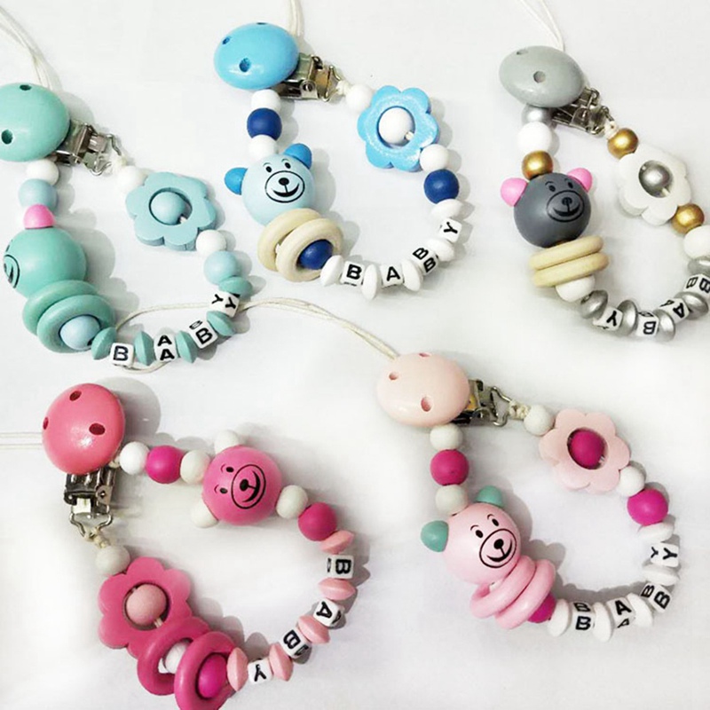 Baby Pacifier holder chain cartoon baby soother toys wooden beawr 