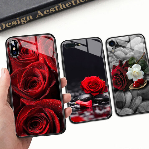 FinderCase for iPhone 6 Case Hard Back Cover Glass Red Rose Floral Case for iPhone 6 6S plus 8 7 plus X XR XS MAX 11 12 pro max ► Photo 1/6