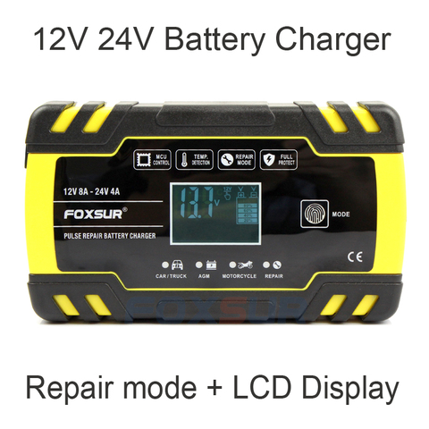 FOXSUR 12V 24V  Smart Battery Charger, Car Truck Lead-Acid AGM EFB GEL WET Battery Charger, 100-240V AC input ► Photo 1/6
