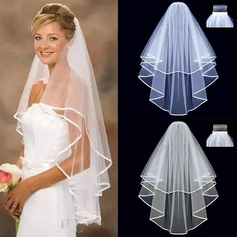 2Tier Elbow Length Wedding Bridal veil Satin Trim w/comb Ivory White 75cm SALE! 