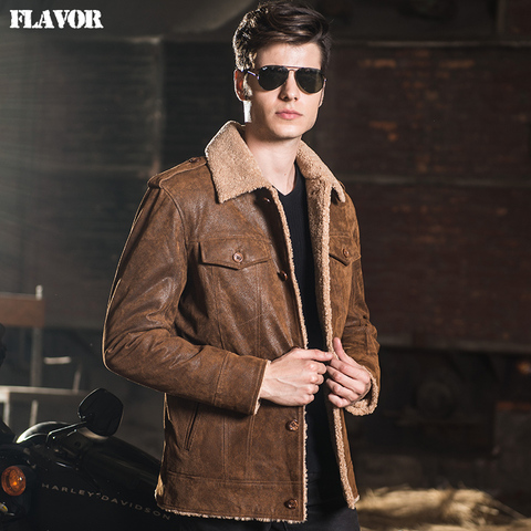 2016 Men's real leather jacket pigskin denim with Faux fur lining  jackets Genuine Leather jacket men leather coat ► Photo 1/6