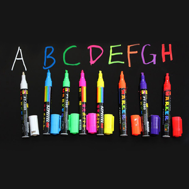8 Colors Erasable Oblique Highlighter Pen Set 6mm Neon Marker LED Glassboard New