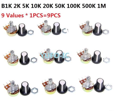 B1K/B2K/B5K/B10K/B20K/B50K/B100K/B500K/B1M (9 Values * 1PCS=9PCS) WTH148 potentiometer kit 15mm 3pin(with cap) Assorted pack set ► Photo 1/1
