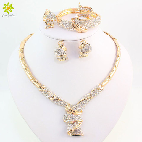 Wholesale Fashion Gold Color Alloy Rhinestone Wedding Jewelry Sets Necklace Bracelet Ring Earrings For Women Bridal ► Photo 1/6